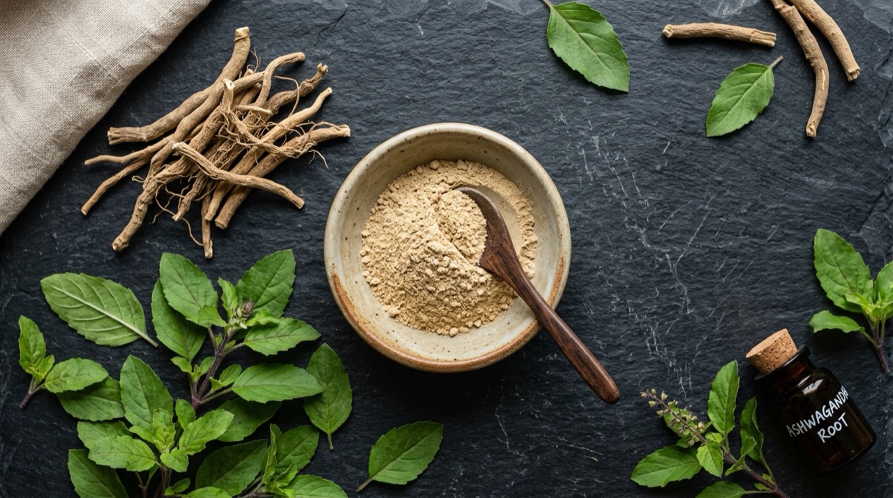 Akar ashwagandha dan bubuk alami