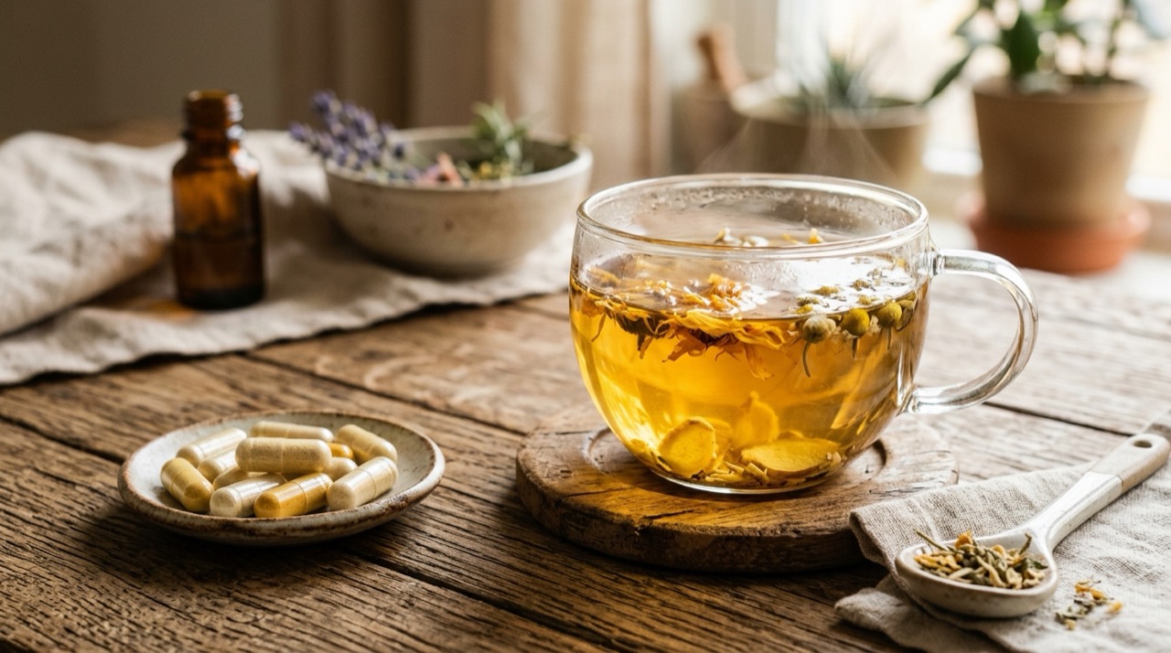 Teh herbal alami dan kapsul nutrisi